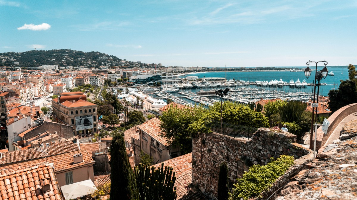 a panoramic view of Cannes, the town, the Croisette and the Palais des Festivals